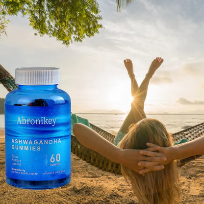 Natural stress relief with ashwagandha gummies shown with peaceful beach relaxation scene