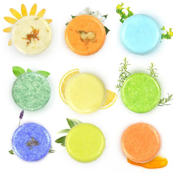 Collection of various organic shampoo bars, eco-friendly and vegan.