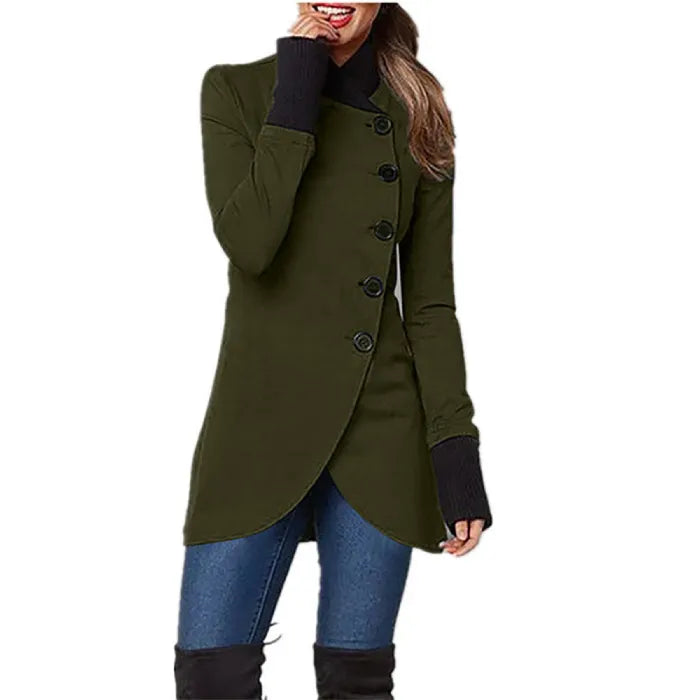 Army green asymmetric wrap coat with black cuff detail, styled casually with denim and tall boots.
