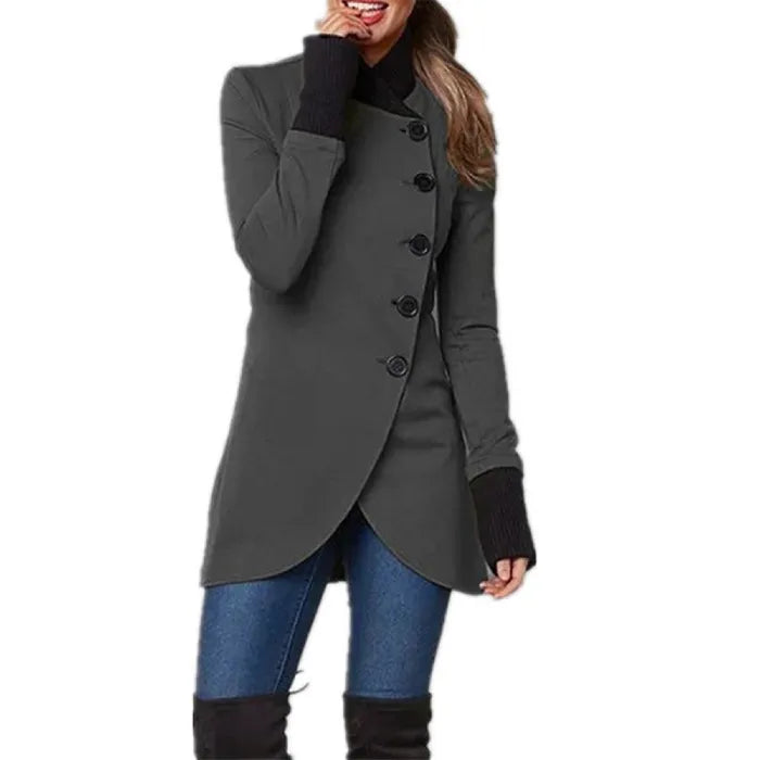 Charcoal grey asymmetric wrap coat featuring side button design and black sleeve cuffs for a sleek look.