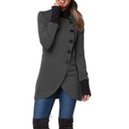 Charcoal grey asymmetric wrap coat featuring side button design and black sleeve cuffs for a sleek look.