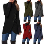Asymmetric wrap coat in black, red, green, grey, and blue colors shown side-by-side for style comparison.