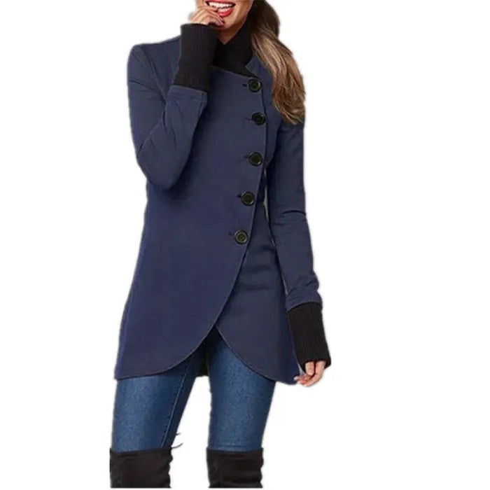 Navy blue asymmetric wrap coat with angled front button design, styled for casual winter wear.