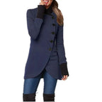 Navy blue asymmetric wrap coat with angled front button design, styled for casual winter wear.