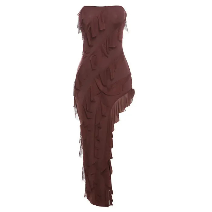 Brown asymmetrical backless tube top party dress for women featuring layered tassel design.