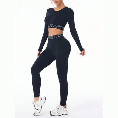 High performance black workout set with branded waistband and crop top, perfect for gym training and athletic activities