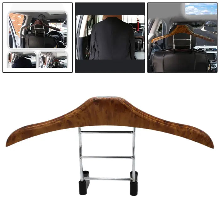 Car headrest suit hanger keeping a black suit wrinkle-free.