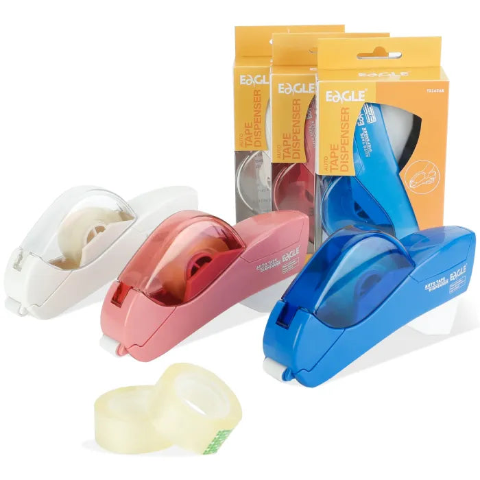 Automatic tape dispensers in white, pink, and blue with packaging and refill rolls included in set.