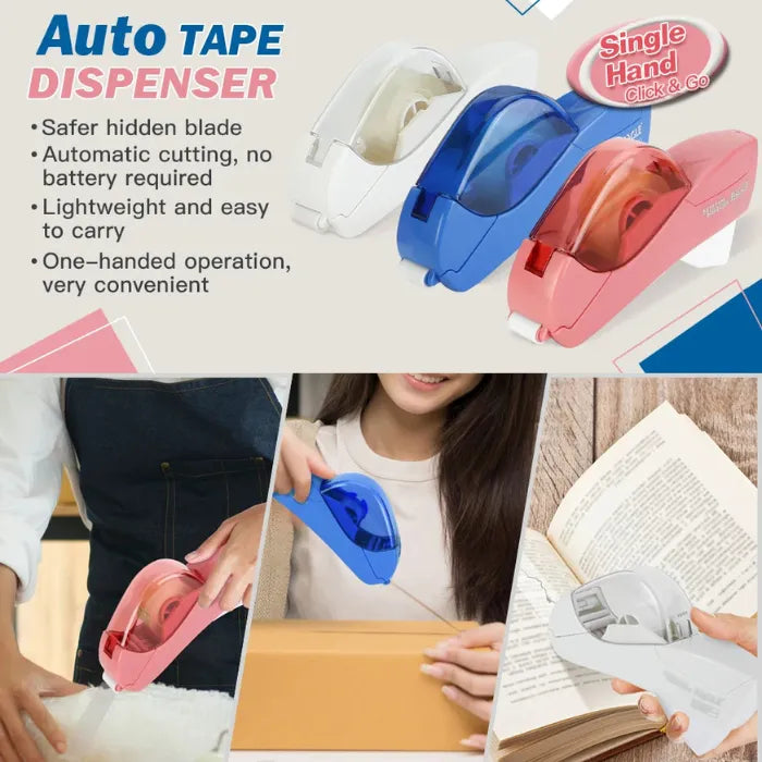 Automatic tape dispensers in white, blue, and pink shown for store, office, and home applications.