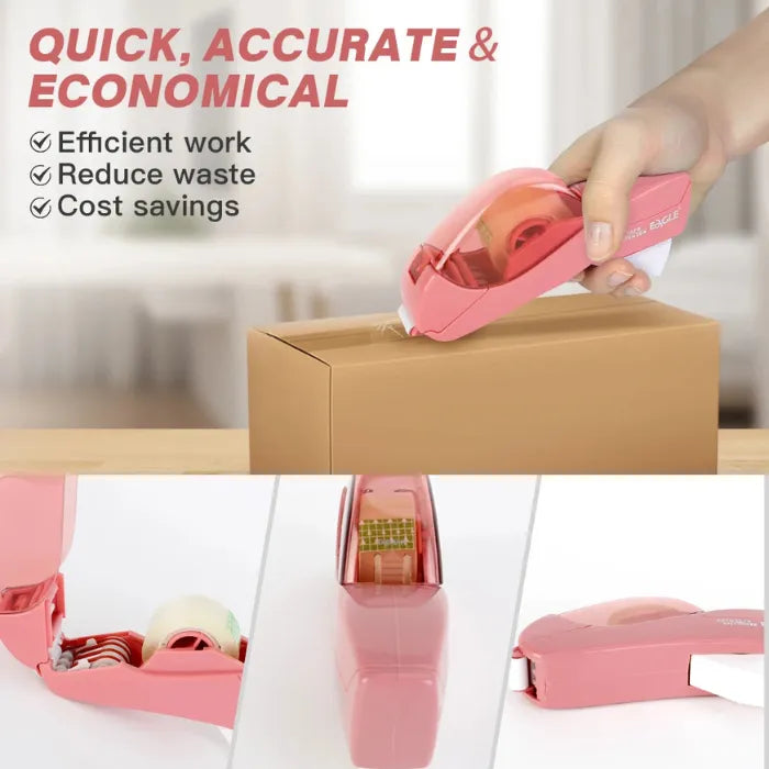 Automatic tape dispenser used on box with callouts for accuracy, savings, and reduced tape waste.