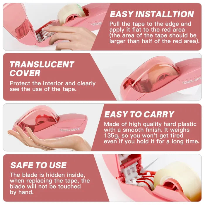Automatic tape dispenser features translucent cover, lightweight body, easy installation, and safety blade.