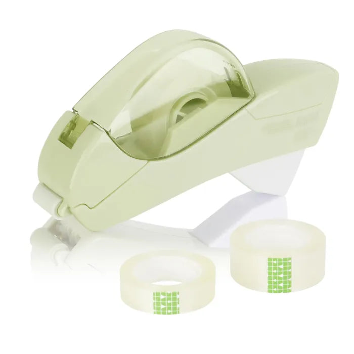 Light green automatic tape dispenser with ergonomic grip and two refill tapes for crafting or packing.