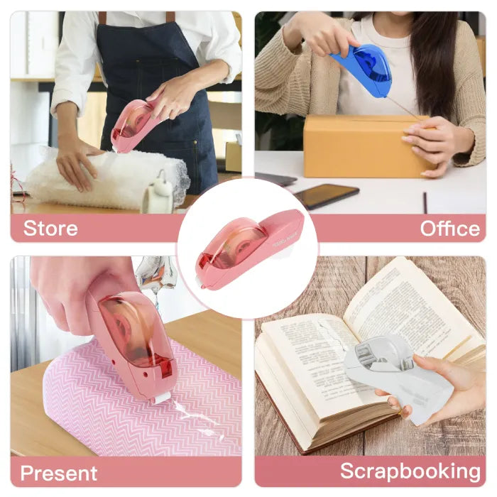 Automatic tape dispenser shown used in store, office, gifts, and scrapbooking for daily convenience.