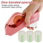 Pink automatic tape dispenser with hidden blade design and six clear tape rolls for extended use.