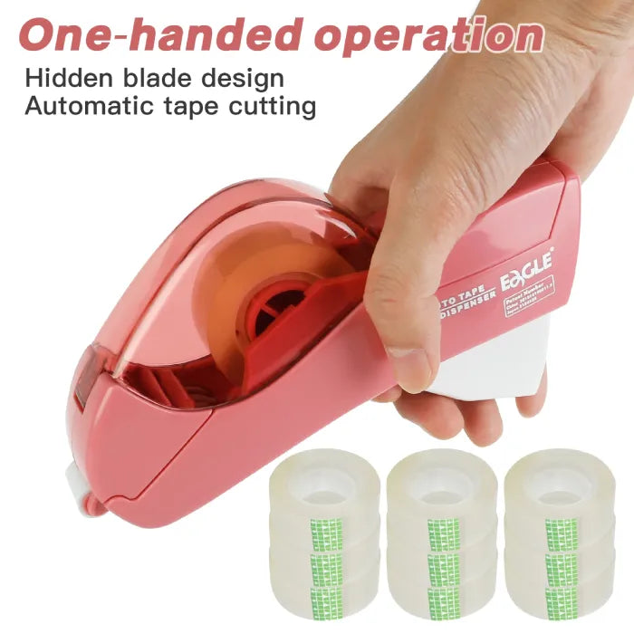 Pink automatic tape dispenser with hidden blade design and six clear tape rolls for extended use.