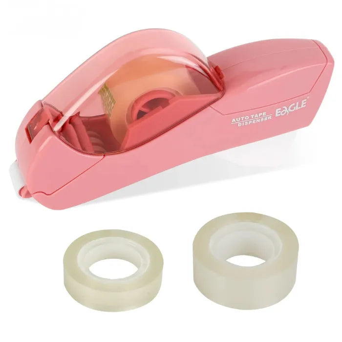 Pink automatic tape dispenser with see-through lid and two included tape rolls for everyday tasks.