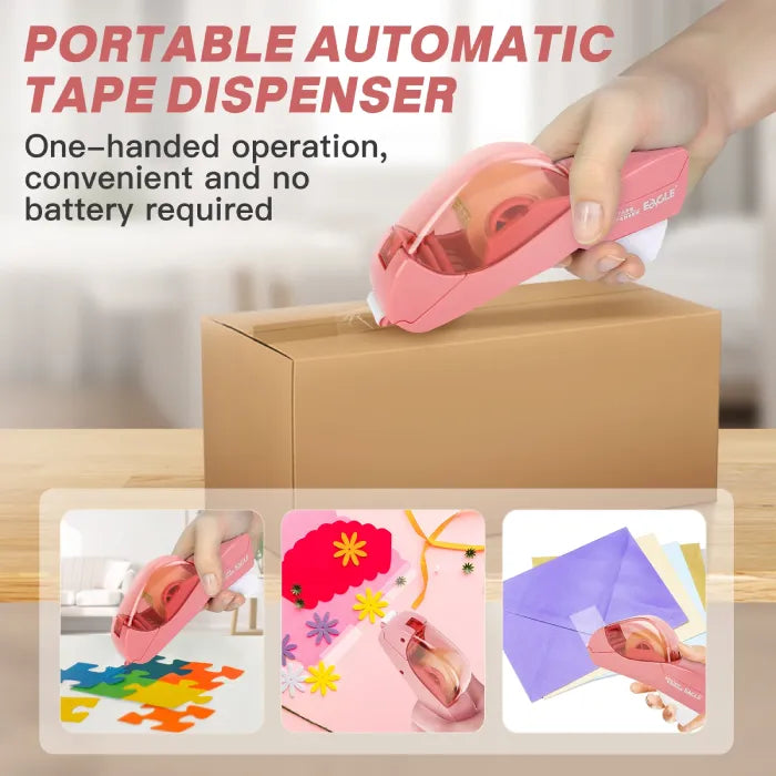 Portable automatic tape dispenser used for packing, crafts, and envelopes with one-handed operation.