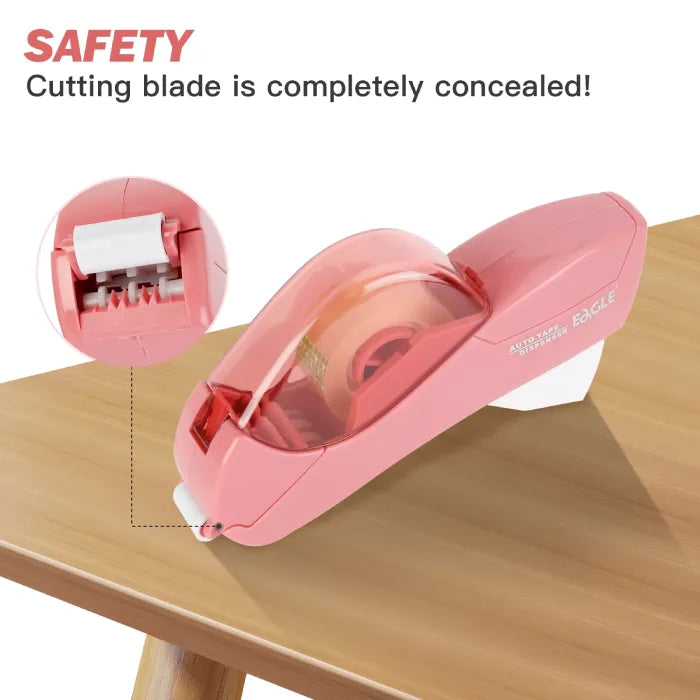 Automatic tape dispenser with hidden blade design for safe cutting, shown in pink on desk corner.