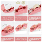 Step-by-step installation guide for automatic tape dispenser from opening cover to tape application.