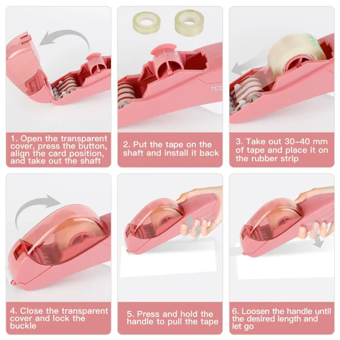 Step-by-step installation guide for automatic tape dispenser from opening cover to tape application.