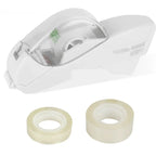 Automatic tape dispenser in white with translucent cover and two refill rolls for efficient one-handed use.