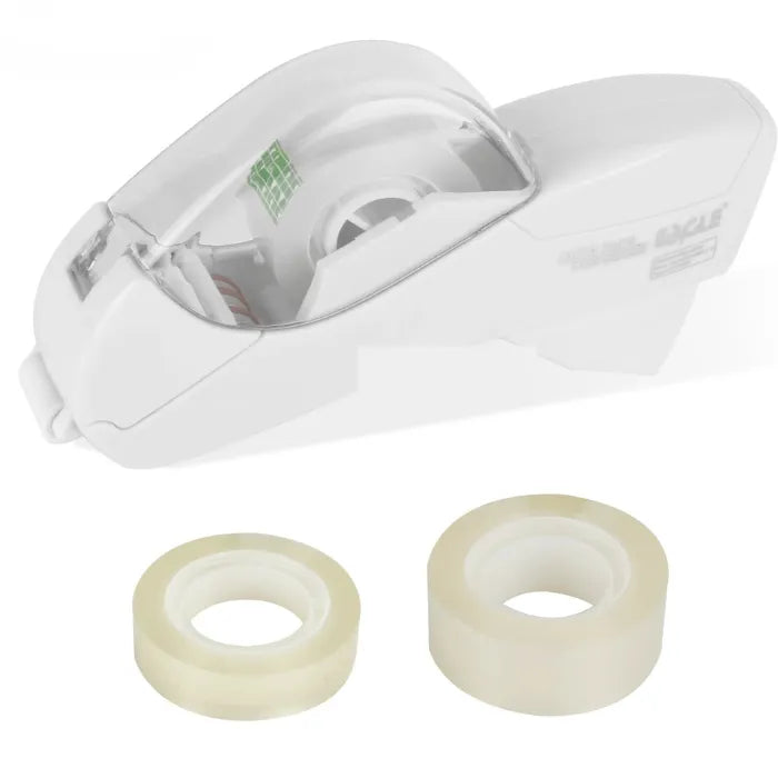 Automatic tape dispenser in white with translucent cover and two refill rolls for efficient one-handed use.