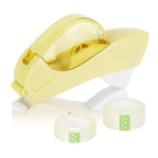 Automatic tape dispenser in yellow with translucent cover, ergonomic handle, and two refill tape rolls.