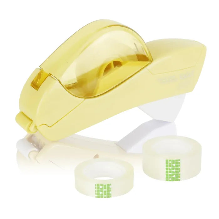 Automatic tape dispenser in yellow with translucent cover, ergonomic handle, and two refill tape rolls.