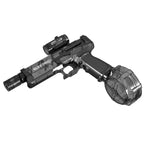 Automatic water gun in black shown isolated at angle with attached scope and drum magazine
