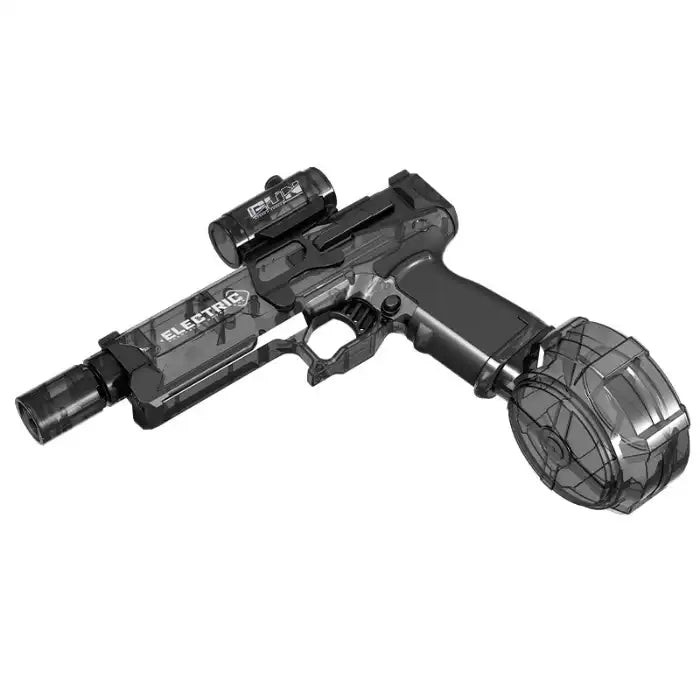Automatic water gun in black shown isolated at angle with attached scope and drum magazine