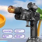 Automatic water gun with sleek black build and glowing barrel, set in summer pool environment with palm trees