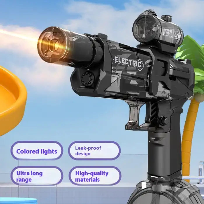 Automatic water gun with sleek black build and glowing barrel, set in summer pool environment with palm trees