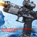 Automatic water gun with black frame and ergonomic grip, water-ready and ideal for long-time use