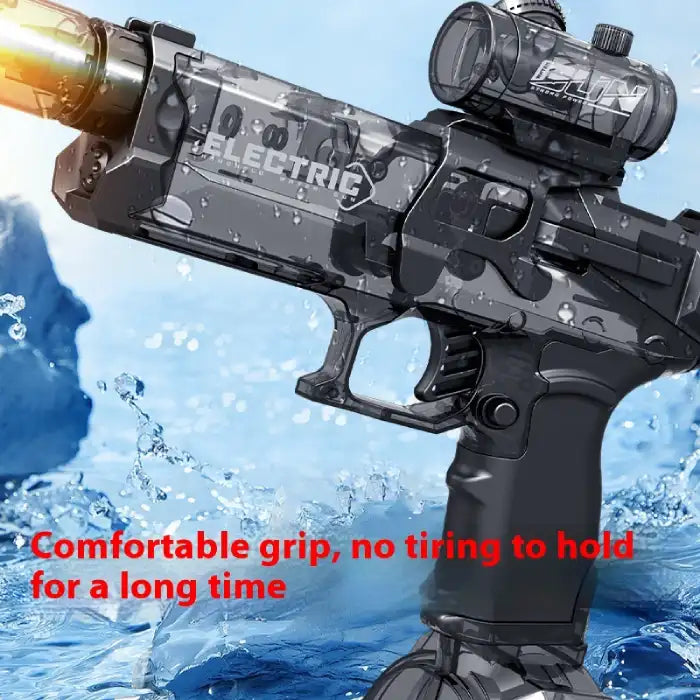 Automatic water gun with black frame and ergonomic grip, water-ready and ideal for long-time use