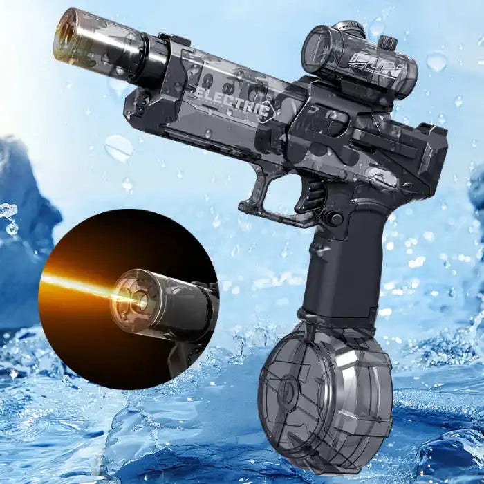Automatic water gun in black with glowing barrel, tactical scope, and large drum magazine for outdoor fun