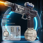  Automatic water gun in black with drum magazine and LED barrel, showcased in a high-tech futuristic setting