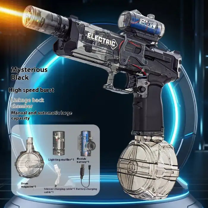  Automatic water gun in black with drum magazine and LED barrel, showcased in a high-tech futuristic setting