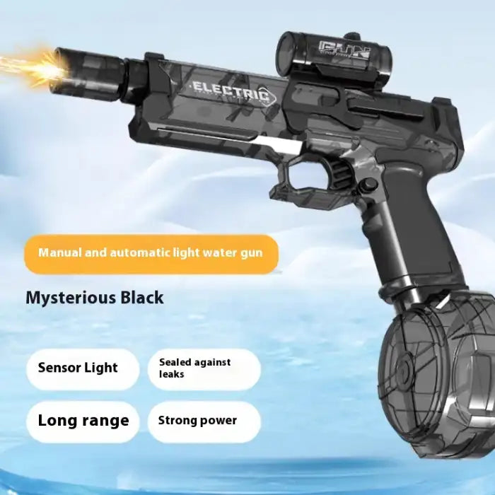 Automatic water gun in black with sensor light, leak-proof design, and long-range spray for outdoor fun