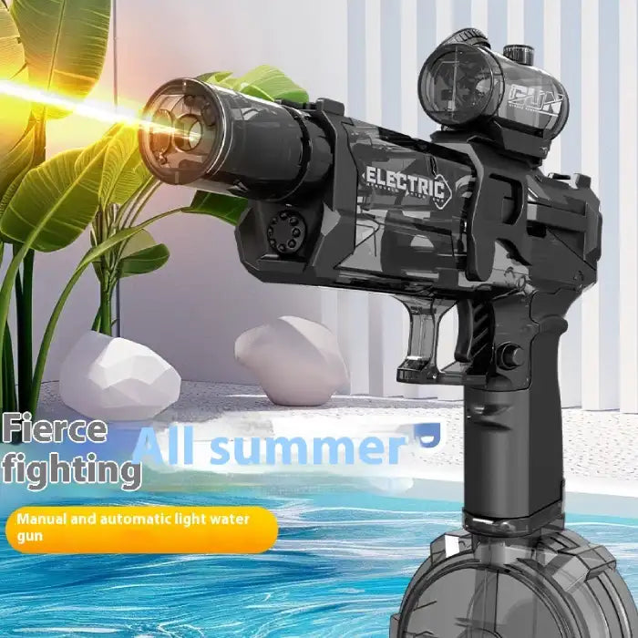 Automatic water gun with black design and glowing nozzle, shown in bright summer setting for fierce play