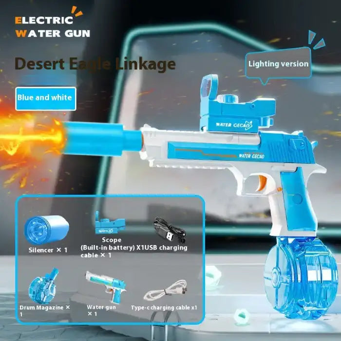 Automatic water gun in blue and white with glowing muzzle and detachable scope, Desert Eagle inspired model