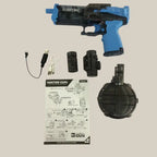  Automatic water gun blue kit with gun, drum, accessories, scope, and cables displayed flat for setup