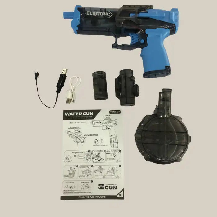  Automatic water gun blue kit with gun, drum, accessories, scope, and cables displayed flat for setup