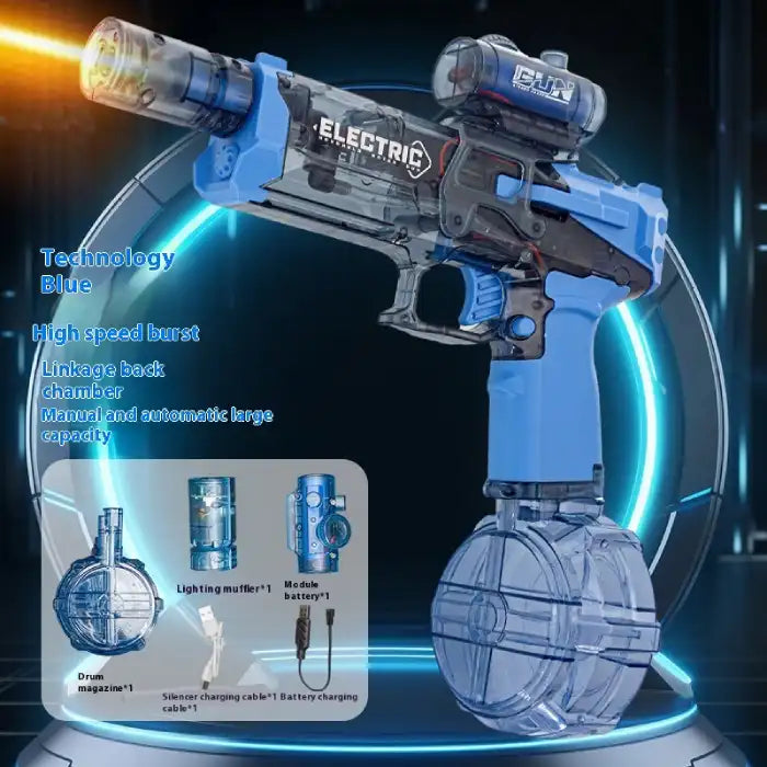  Automatic water gun in blue with translucent body, light barrel, and high-capacity drum for fast bursts