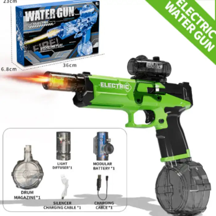 Automatic water gun with green body, light-up barrel, drum magazine, and tactical scope attachment