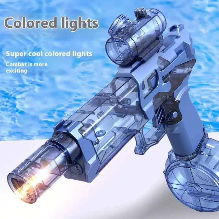 Automatic water gun with blue transparent design, colored lights, and rear scope for exciting combat