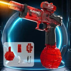 Automatic water gun in red with glowing barrel, drum magazine, and accessories shown in futuristic scene