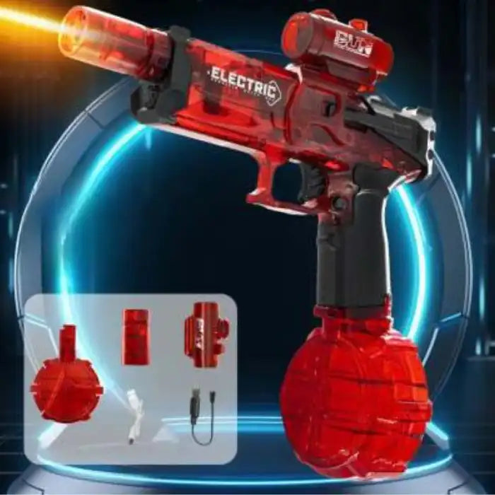 Automatic water gun in red with glowing barrel, drum magazine, and accessories shown in futuristic scene