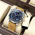 Aviation-style chronograph watch with a blue dial and leather strap, featuring a multi-function display.