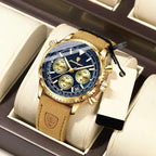 Gold aviation-style chronograph watch with a blue dial and leather strap, designed for precision timing.