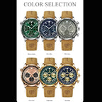 A collection of aviation-style chronograph watches in multiple colors, all with leather straps.